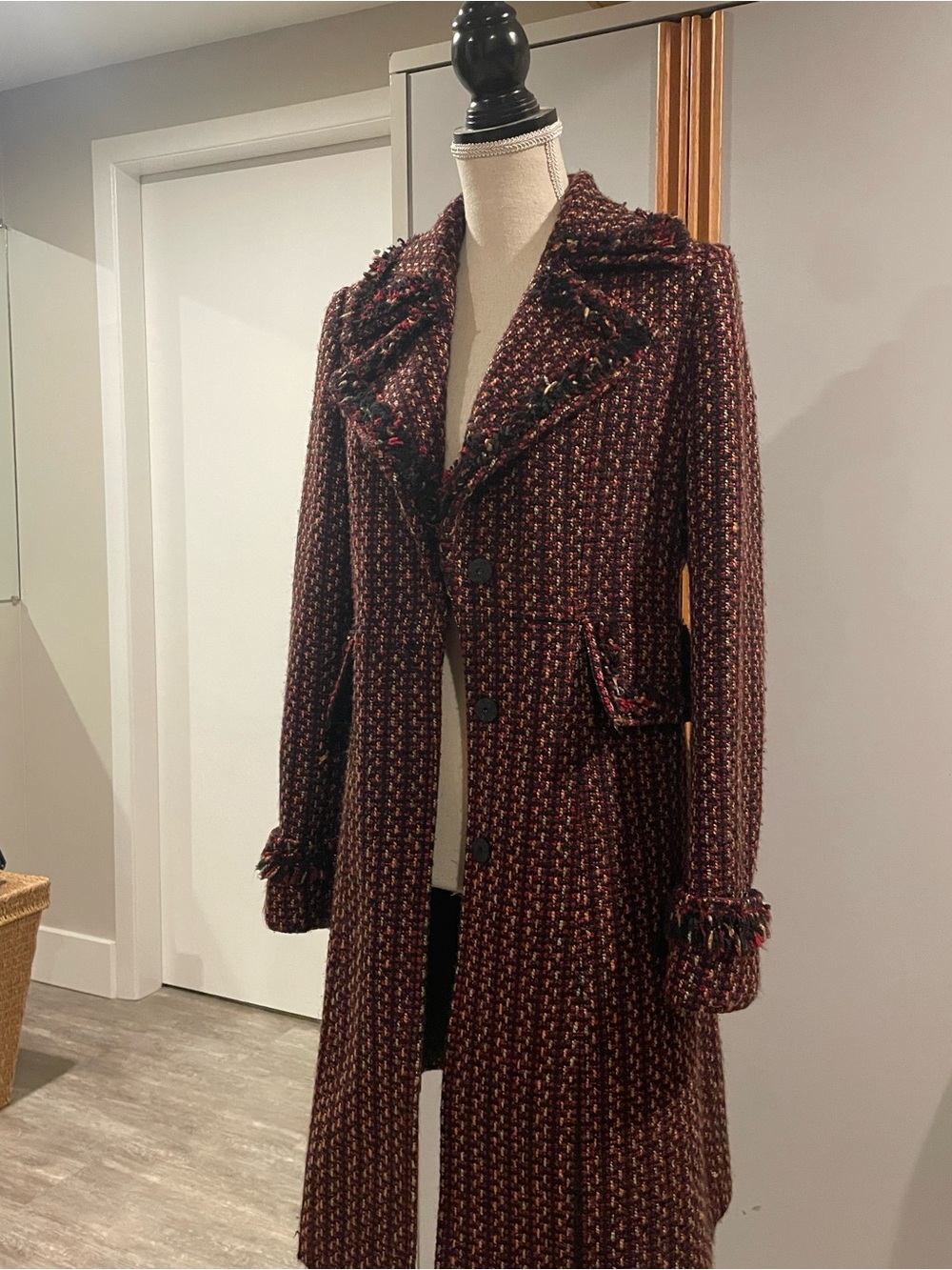 Tailored Burgundy Tweed Long Coat - Women